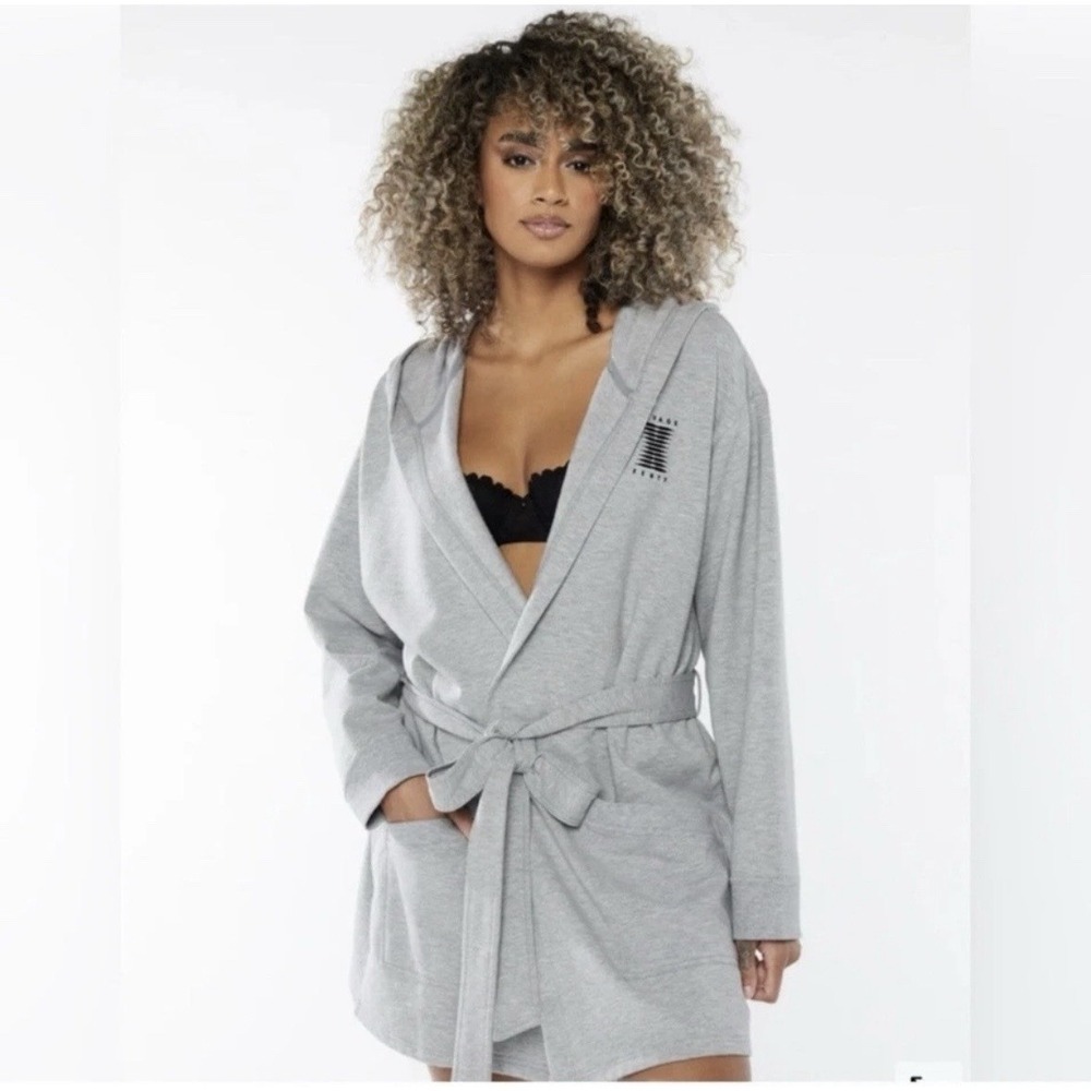 Savage X Fenty Hooded Robe Cardigan Wrap Gray XS/S Belted Lounge Logo NWT